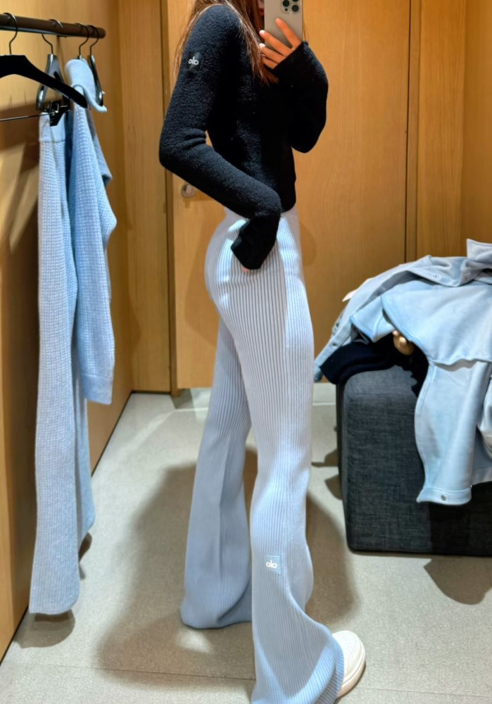 Alo Yoga Denim Knit 高腰螺纹修身微喇叭裤阔腿女直筒垂感休闲裤