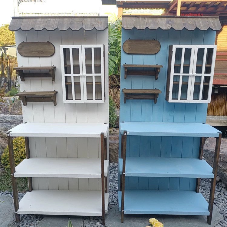 户外做旧实木园艺工作台桌子花园阳台收纳工作台防腐木花架置物架