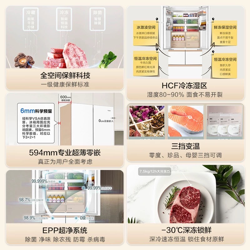 [新品超薄零嵌]海尔512L法式多门超薄零嵌家用风冷无霜一级冰箱