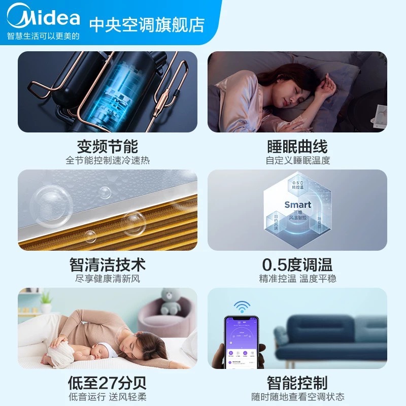 美的中央空调大3匹家用客厅风管机一级能效节能星光时尚版酷省电