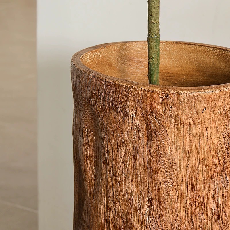 形上中古风仿木桶落地花器酒店民宿餐厅复古仿真绿植水泥花瓶摆件