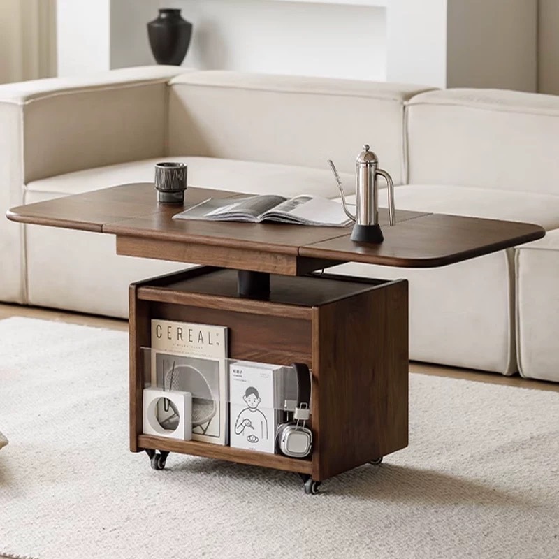 茶几客厅家用黑胡桃原木折叠餐桌小户型可移动升降多功能沙发边几