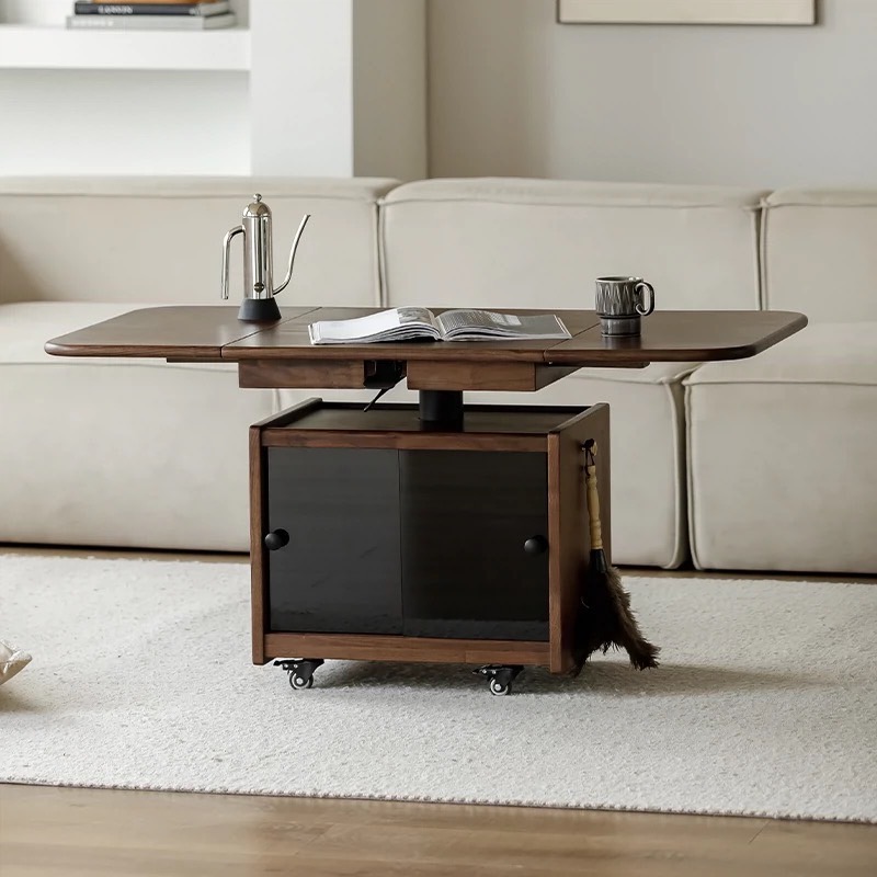 茶几客厅家用黑胡桃原木折叠餐桌小户型可移动升降多功能沙发边几