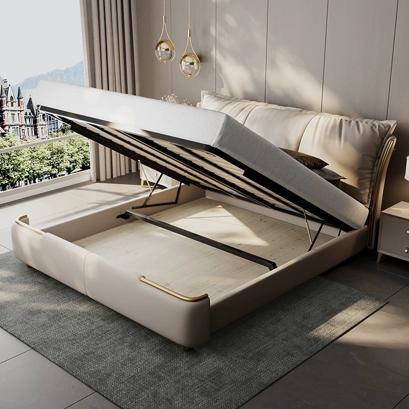 高端轻奢主卧羽绒超大靠包真皮双人床现代极简约豪华新款婚床储物