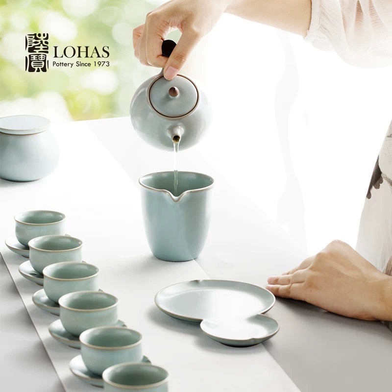 台湾陆宝陶瓷汝窑入木三分茶组茶礼开片养壶茶具整套一壶六杯送礼