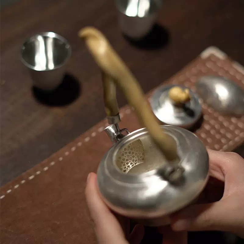 足银999纯手工一张打泡茶壶银壶黄杨木提梁复古家用功夫茶具 壶仙