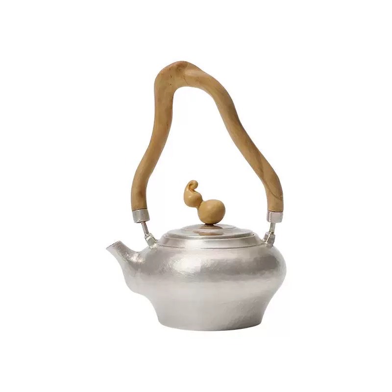 足银999纯手工一张打泡茶壶银壶黄杨木提梁复古家用功夫茶具 壶仙