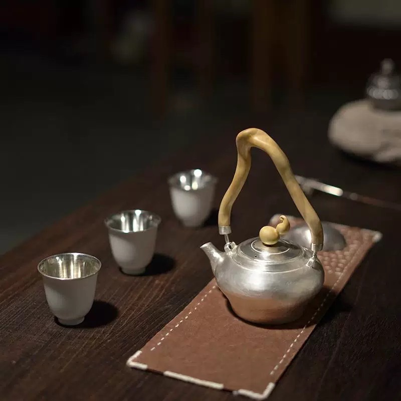 足银999纯手工一张打泡茶壶银壶黄杨木提梁复古家用功夫茶具 壶仙