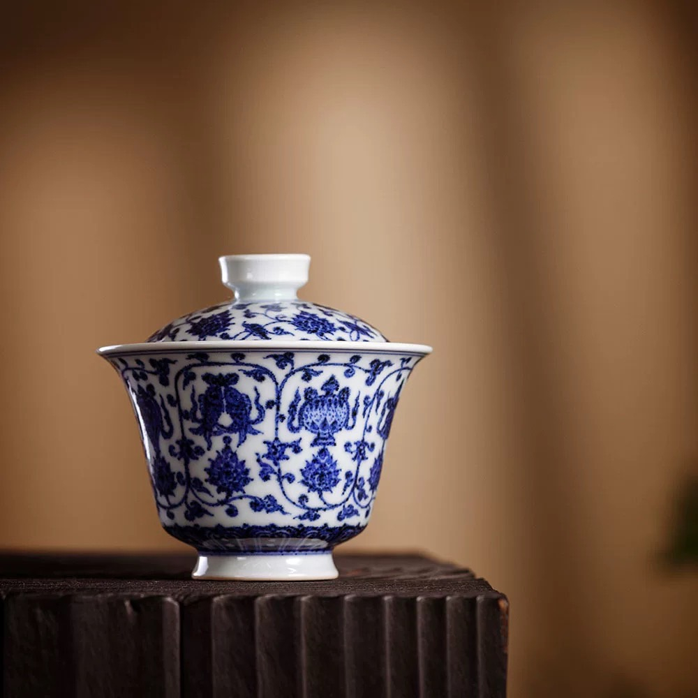 石隐专拍元青花缠枝莲压手杯茶具茶器二才盖碗