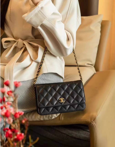 CHANEL香奈儿25新款扭转扣 WOC发财包荔枝纹牛皮黑金斜跨链条包