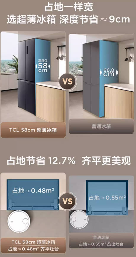 TCL 458升T5十字四门58cm超薄宽幅变温风冷无霜小型家用电冰箱