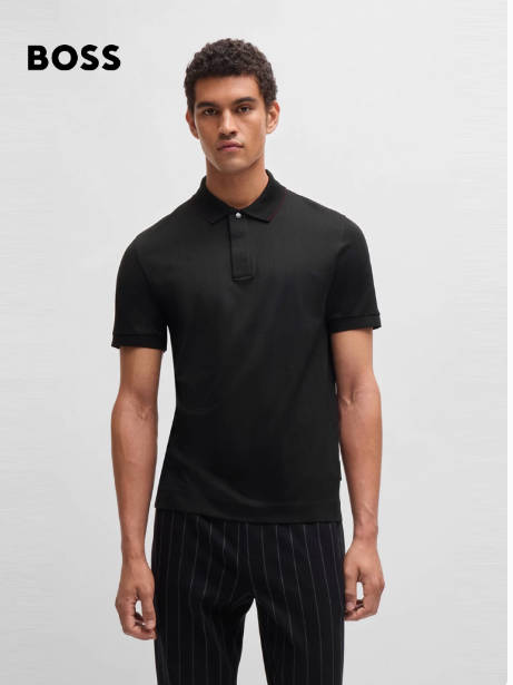 【保时捷联名】BOSS男士秋季尖领条纹商务休闲棉质提花Polo衫