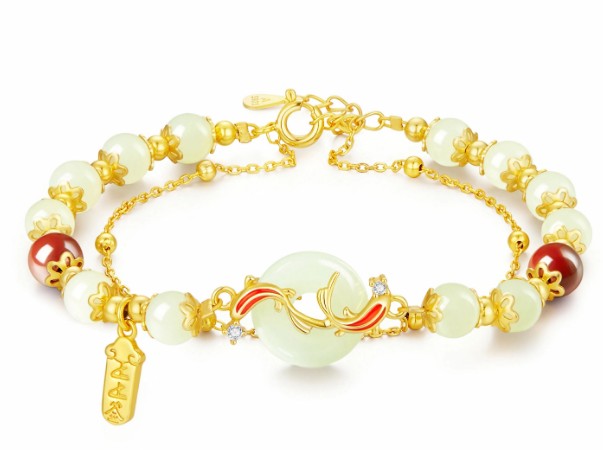 【好运上上签】中国黄金 央创时尚 锦鲤平安扣 国潮新中式小众设计 时来好运38 女神锦鲤前程似锦 精致银925恋爱#好运 和田玉手链 青玉 女款